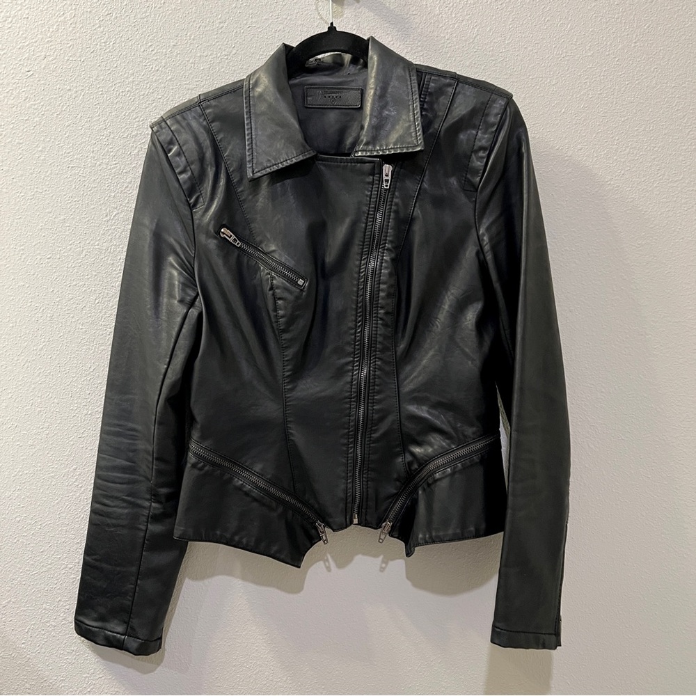 Blank NYC Black Faux Vegan Leather Jacket with Zipper Accents Front Zip Pocket